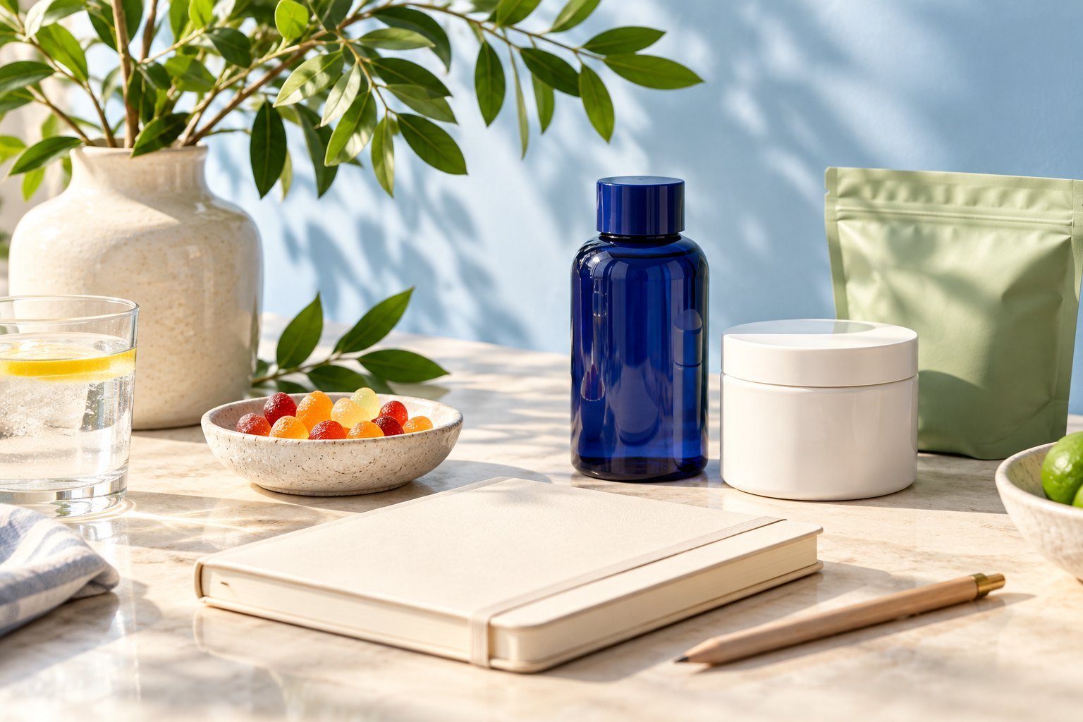 A welcoming product planning desk with a notebook and samples