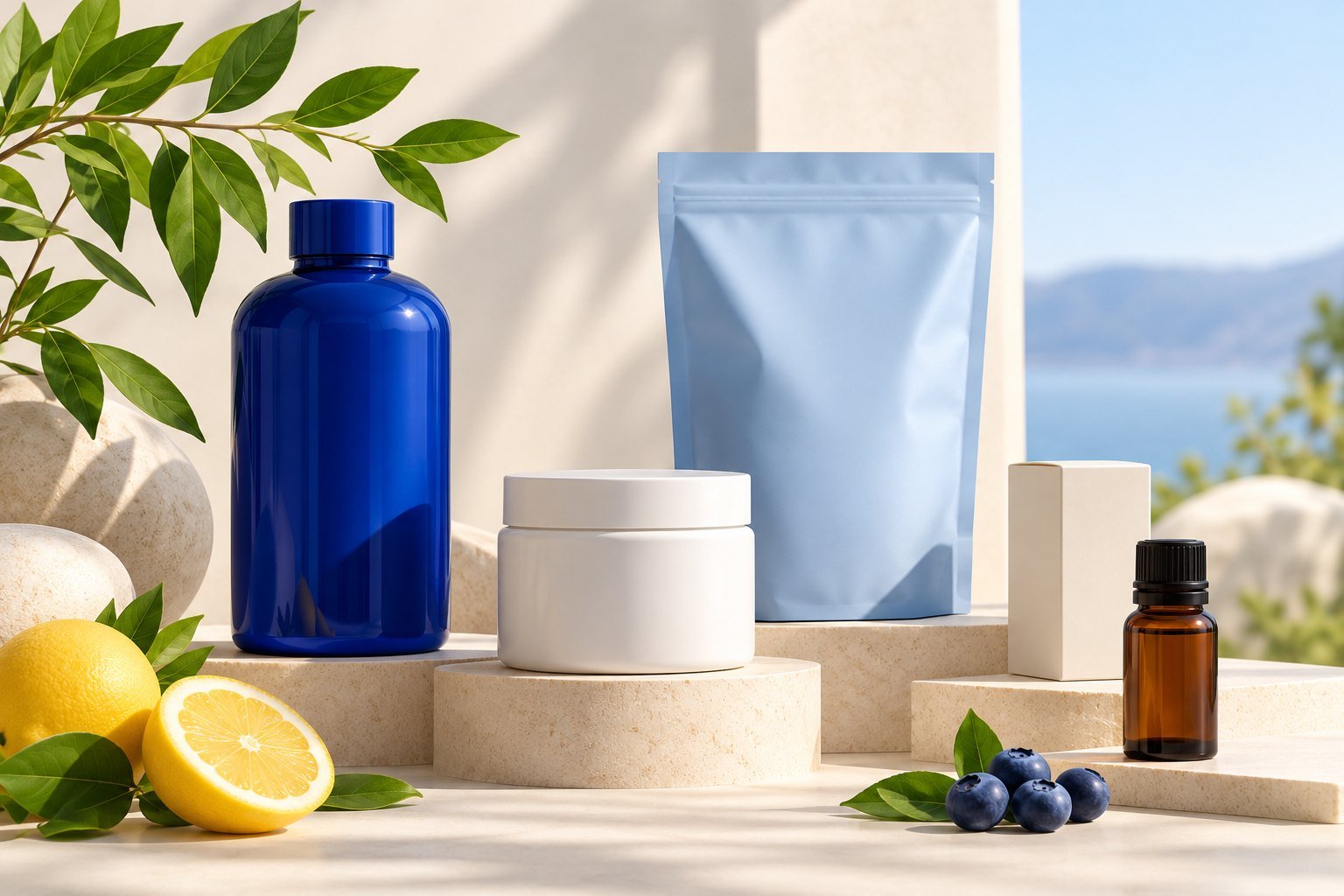 Coordinated blank bottles, pouch, jar, and carton on cream display plinths
