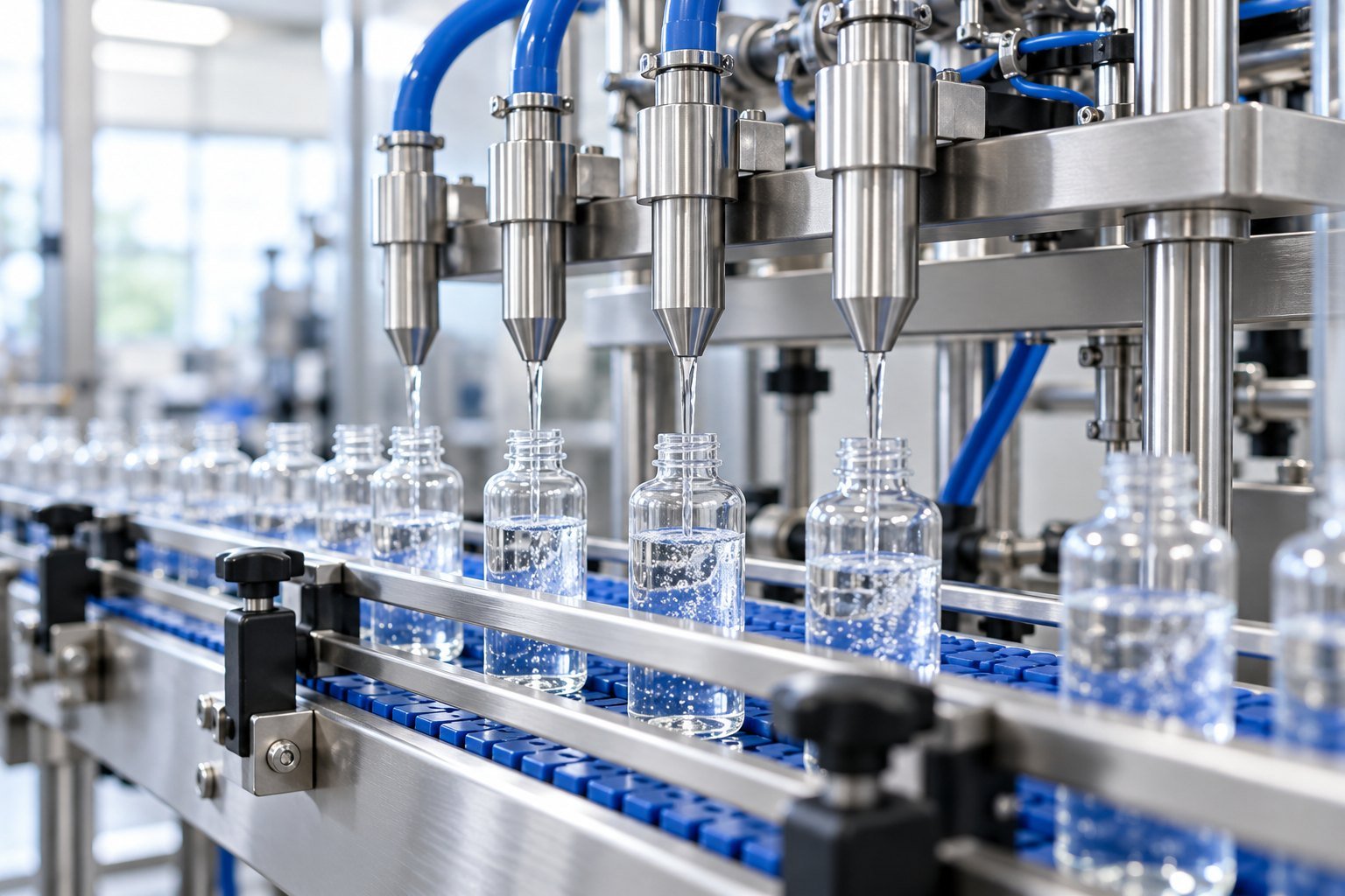 Stainless steel filling nozzles above bottles on a blue conveyor