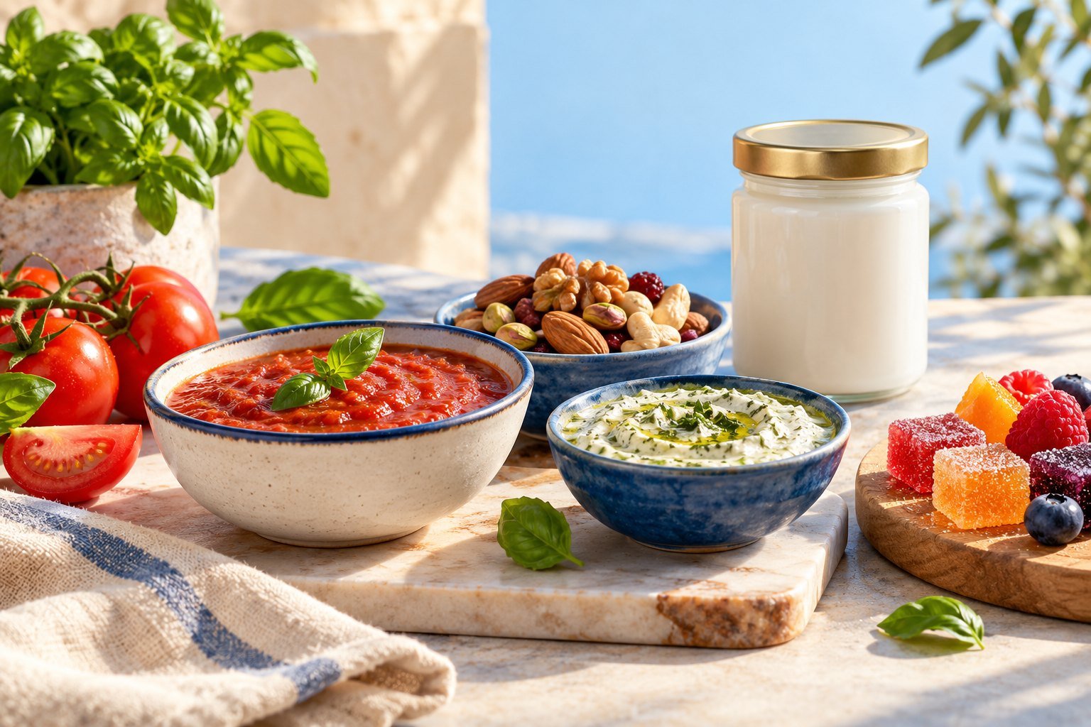 Sauces, herb dip, nuts, and fruit confections on a bright tabletop