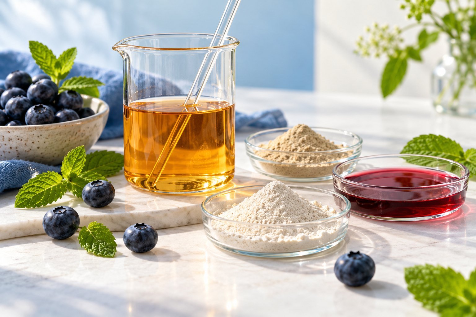 Glass beaker and ingredient dishes with berries and green leaves
