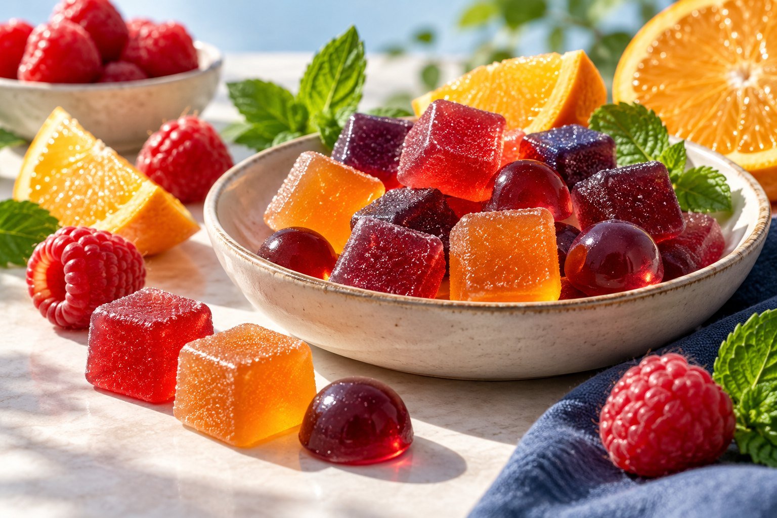 Colorful gummy pieces with berries and citrus