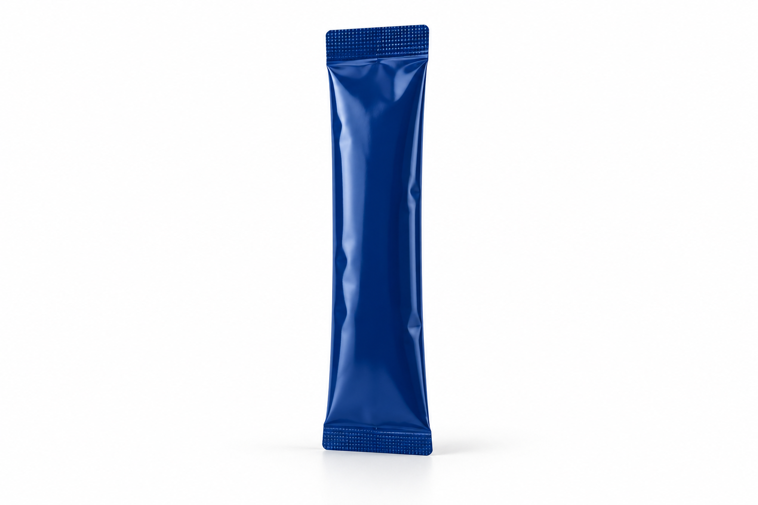 Single blue liquid sachet on a white background