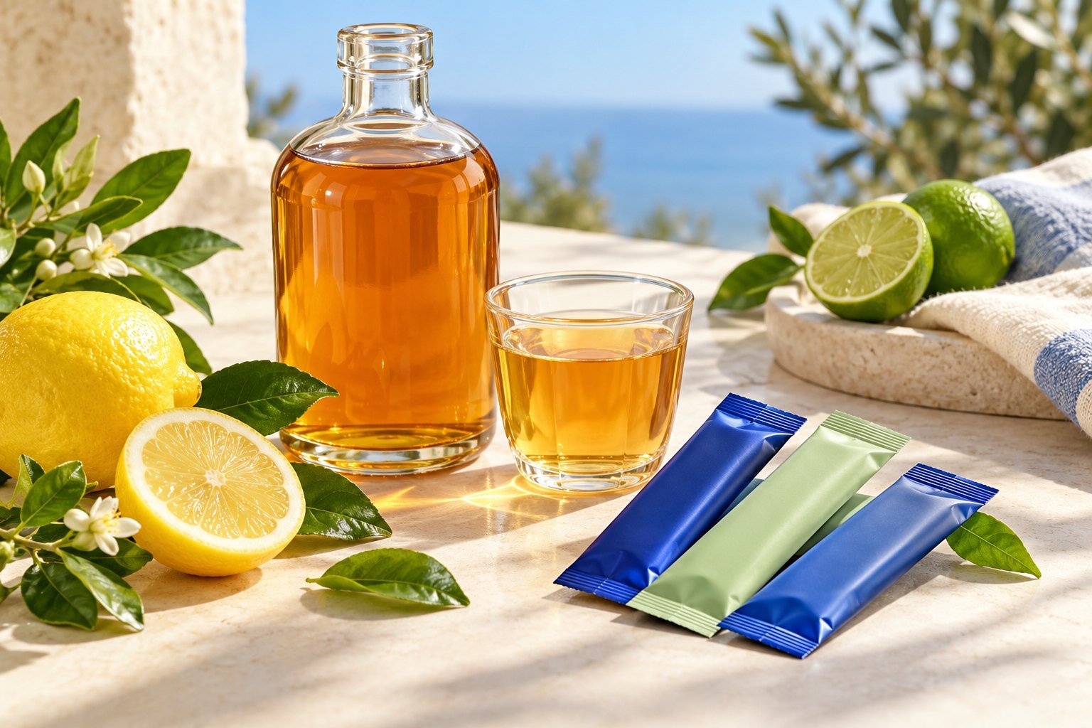 Amber liquid in a clear bottle and glass with sealed blue and green sachets