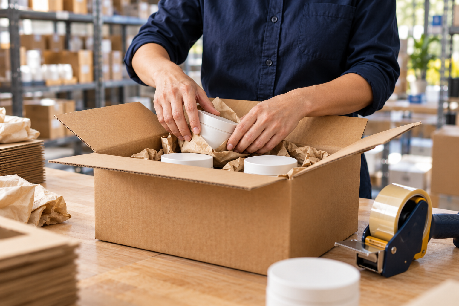 Carefully packing products into a shipping box at a fulfillment workstation