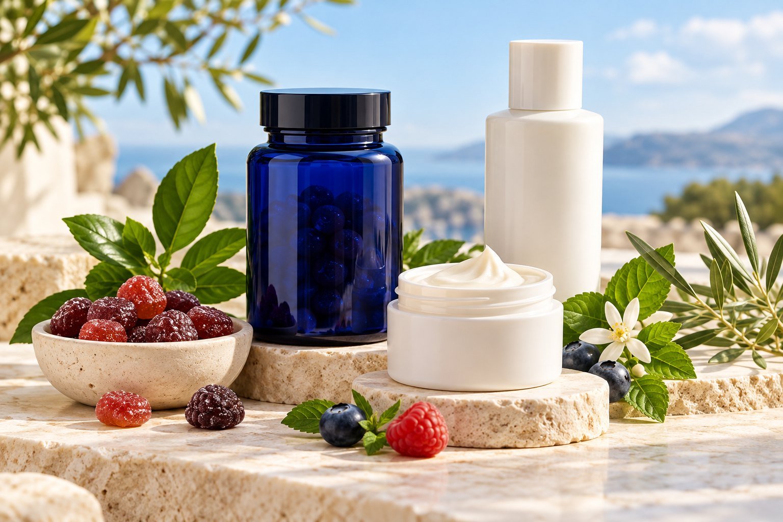 Supplement bottle, skincare jar, lotion bottle, and botanical leaves