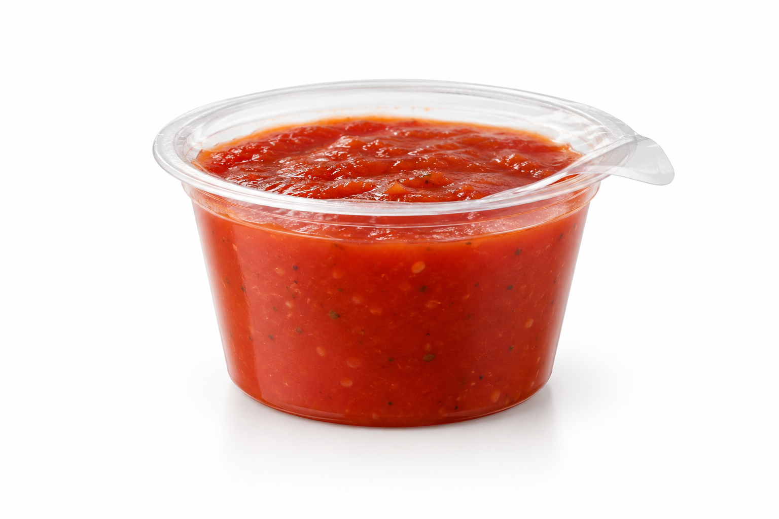 Single sealed sauce portion cup on a white background