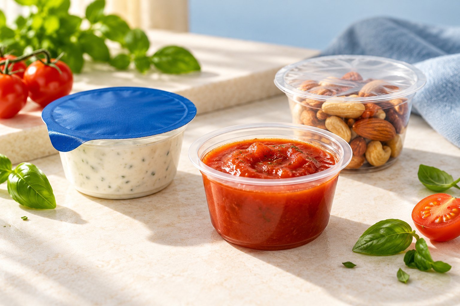 Small portion cups with sauces and nuts, including sealed film lids