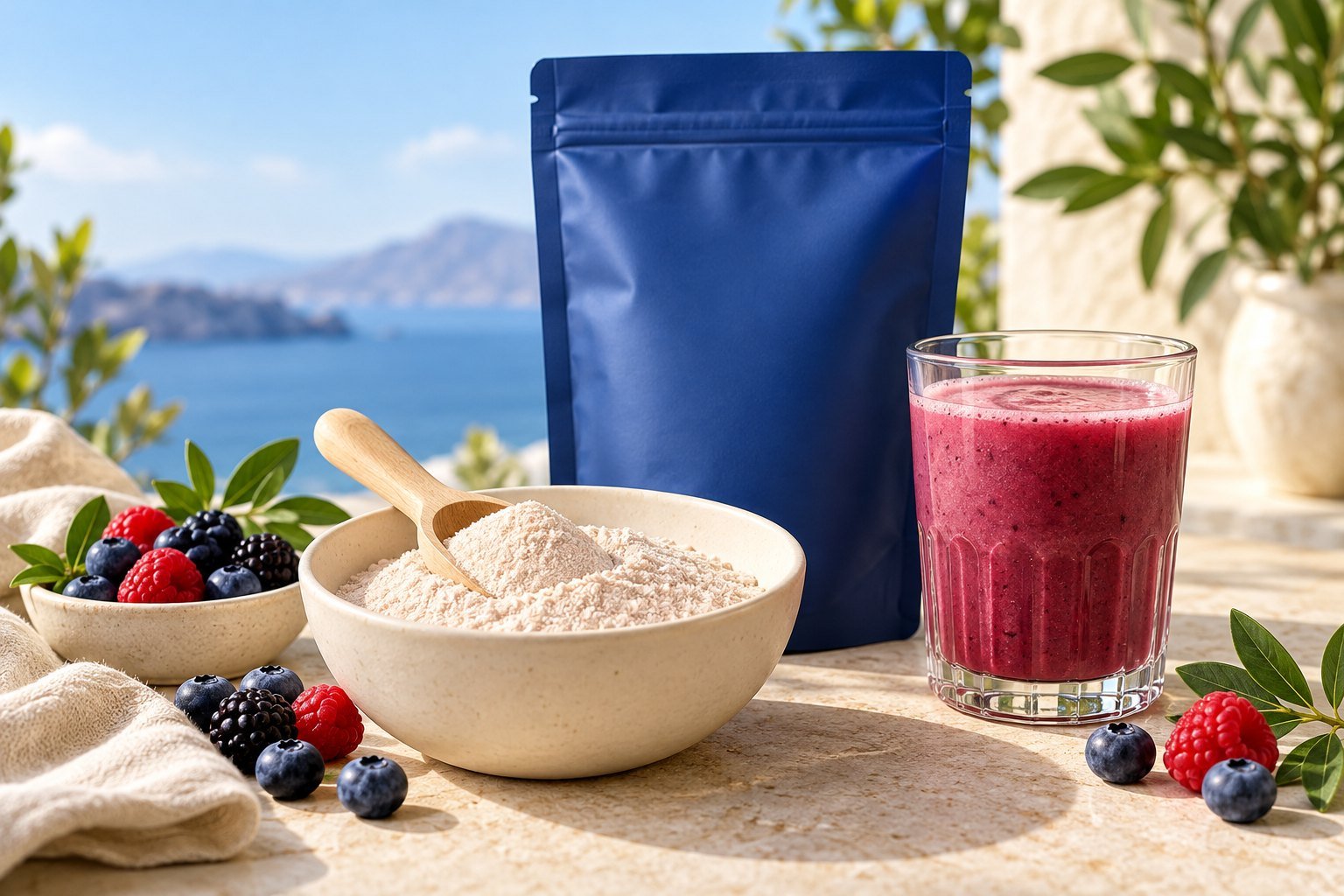 Powder bowl and scoop beside a blue pouch and berry drink