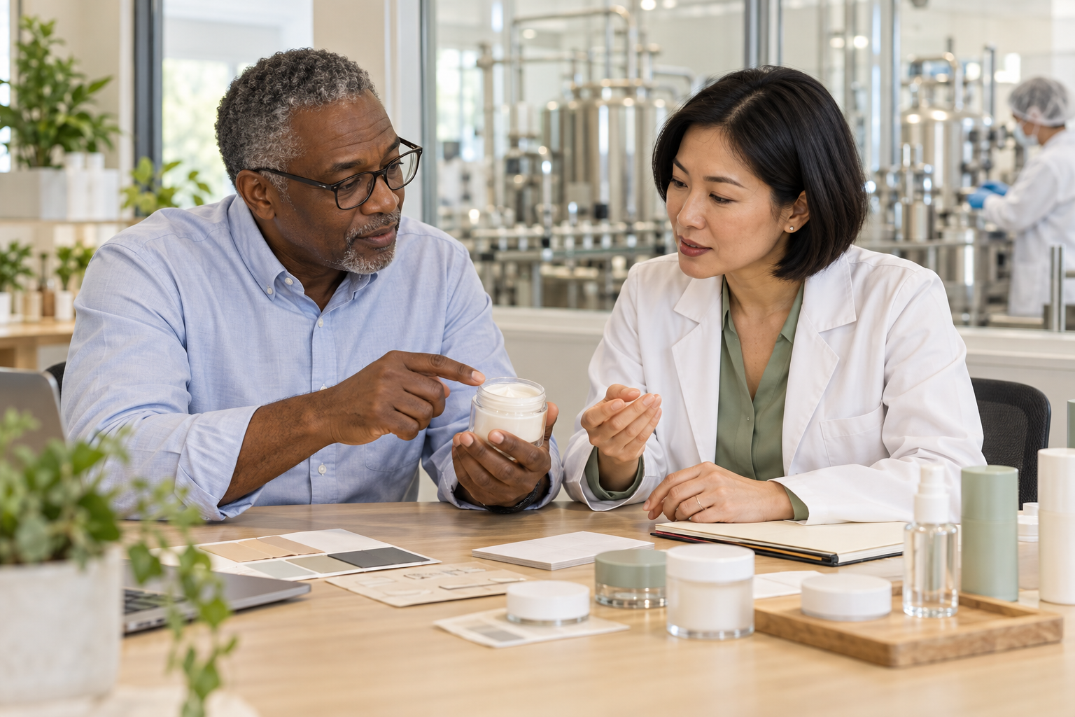 Product specialists reviewing a formulation sample and packaging in a bright development workspace