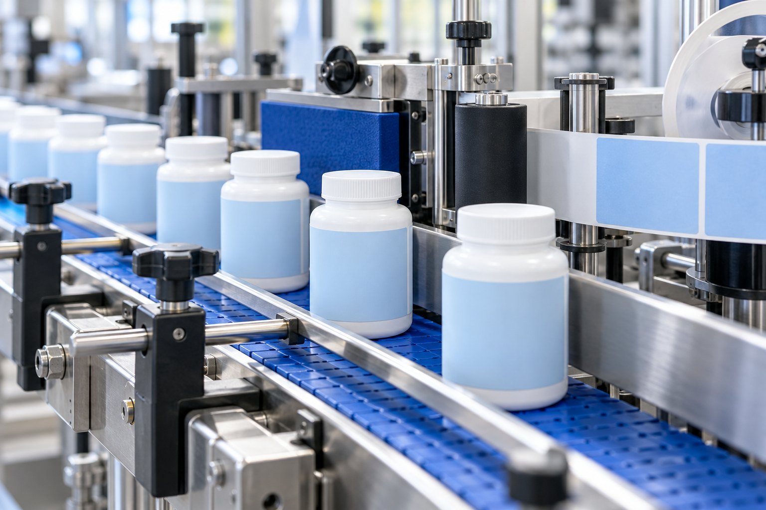 Bottle labeling equipment with white bottles and blank blue labels